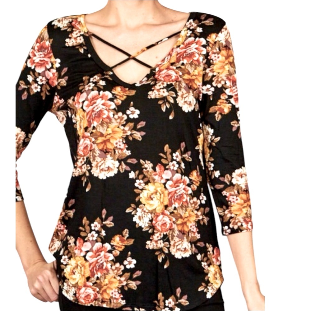 NWOT P.S. Love Floral Black Top with Criss Crossed Neckline